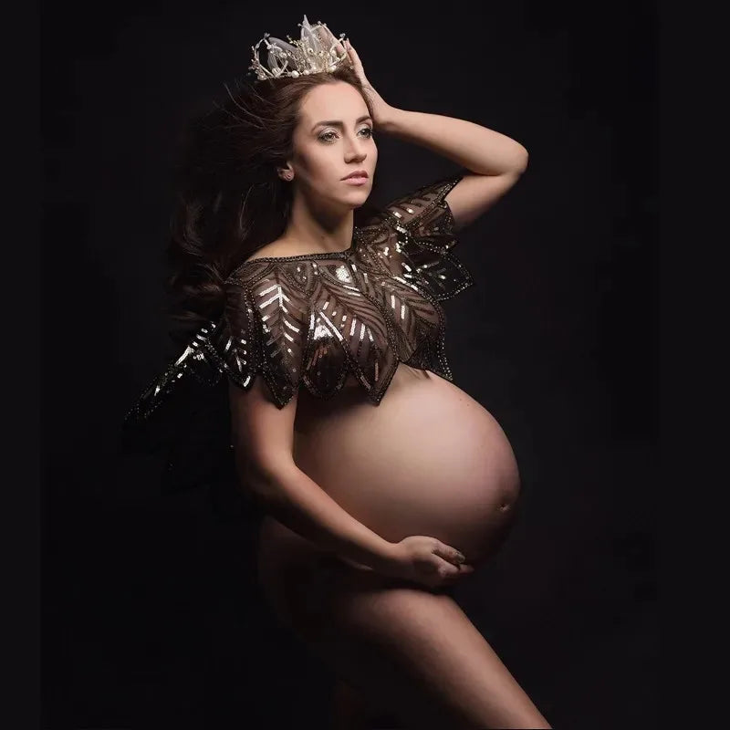 Beaded Maternity Photography Wrap - Roaring 20s Style Evening Shawl - Glamorous Pregnancy Photo Prop (See-Through Design) Peaceful Pleasures Health and Wellness