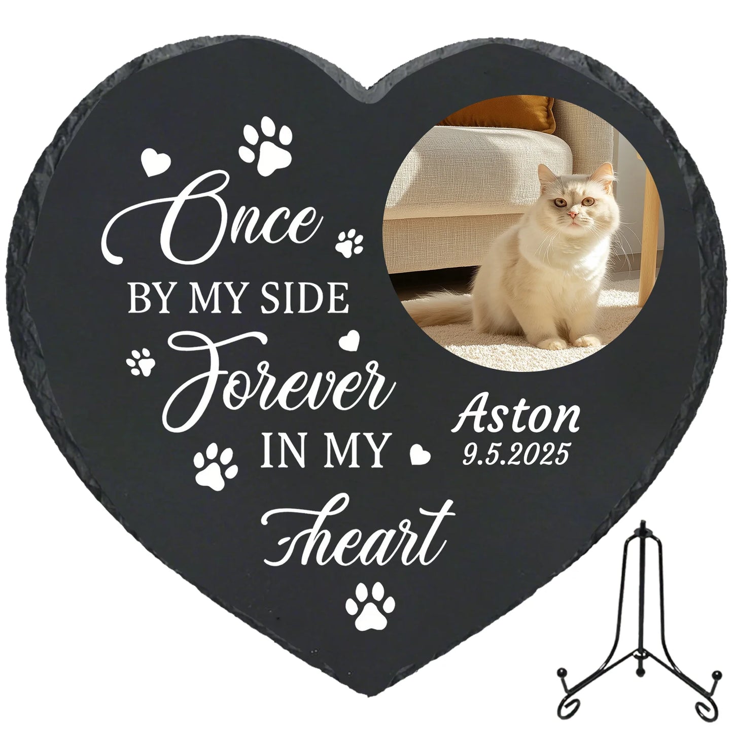 Personalized Pet Memorial Stone,Custom Cat Grave Marke Plaque With Photo&Name,Garden Slate Tombstone Pet Loss Remembrance Gift Peaceful Pleasures Health and Wellness With Metal Stand-4 4inch