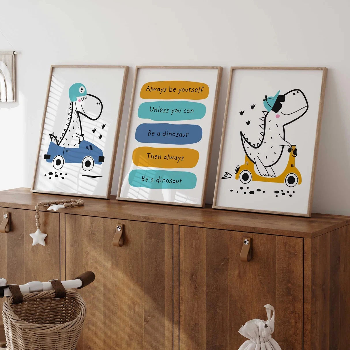 3-Piece Cartoon Dinosaur Quote Canvas Wall Art | Kids Room