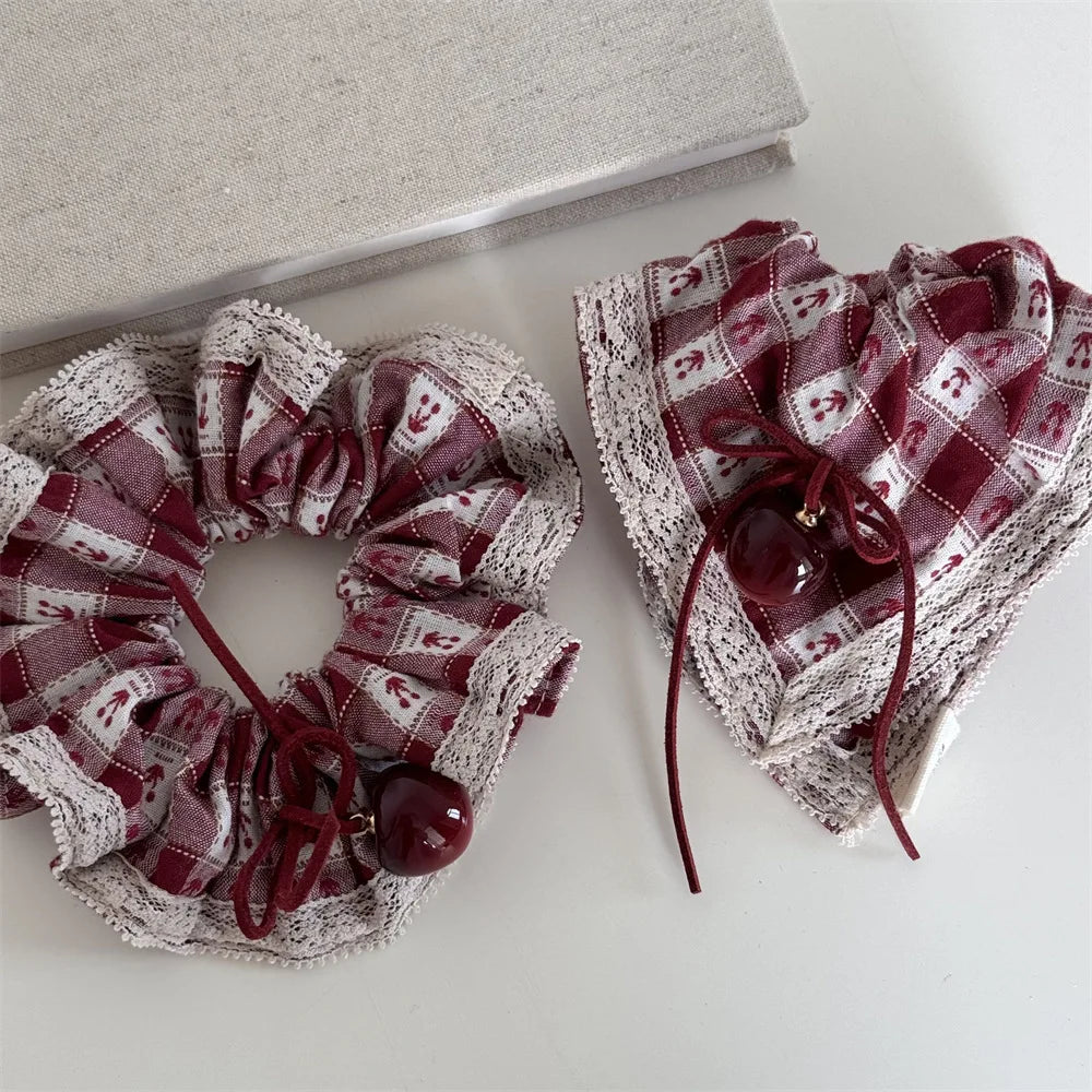 New Red Plaid Cherry Scrunchie Korean Windmill Hair Ring Cute Cherry Square Scarf Design Sweet Hair Accessories for Daily Outfit Peaceful Pleasures Health and Wellness
