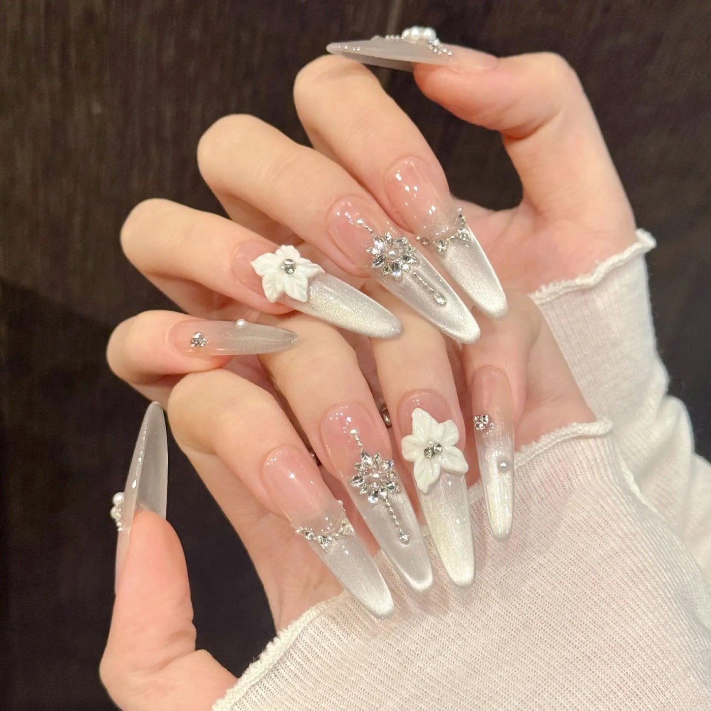 3D Cat's Eye Press-On Nails | Glitter French Tips 10pcs Press-On Nails Peaceful Pleasures Health and Wellness S 1