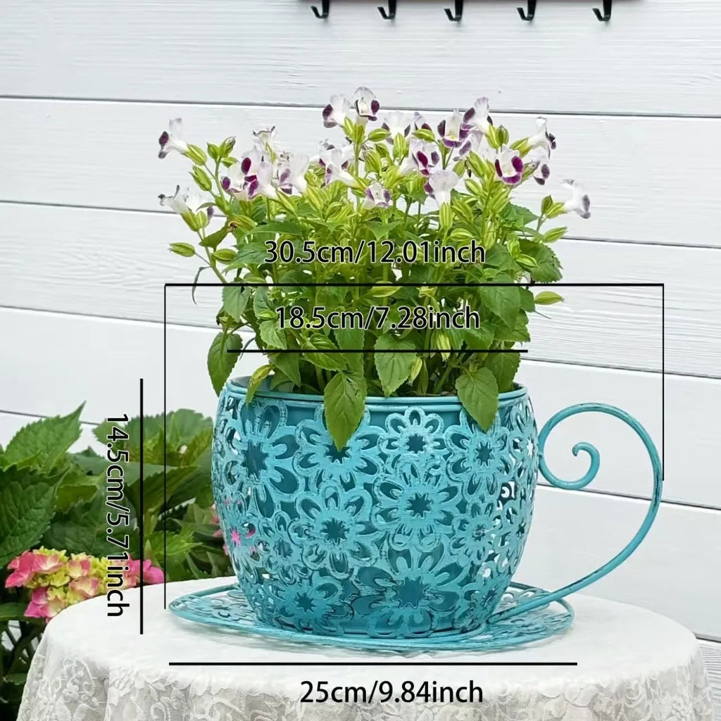 Teacup Iron Flower Pot | Vintage Garden Planter with Saucer