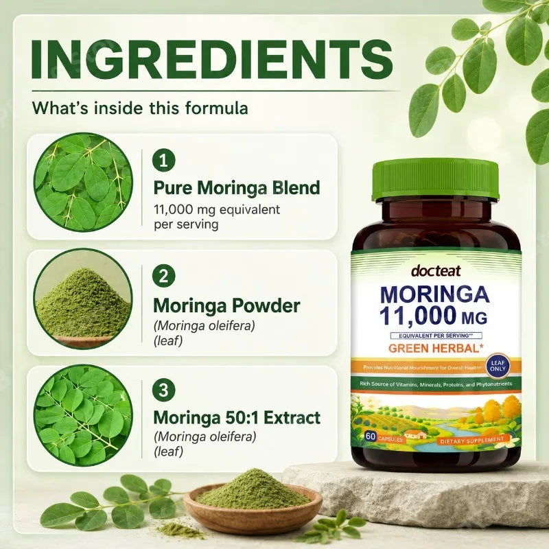 Moringa 11000mg Leaf Capsules | Green Herbal Daily Support 60ct