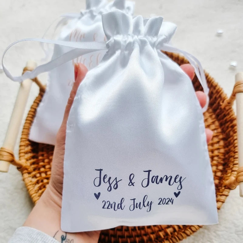 5-Pack Personalised White Satin Drawstring Bags | Wedding Favors