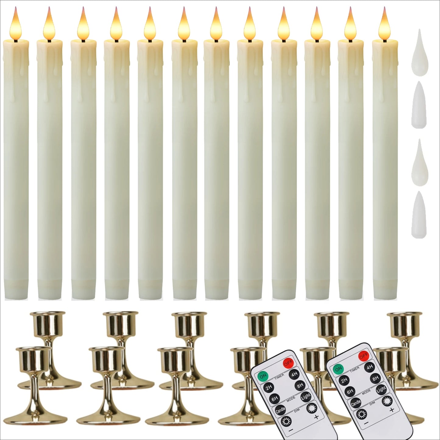 Flameless Candles with Remote Timer Battery Operated LED Flickering Taper Candle for Christmas Decor with 6 Pack Gold Holder Peaceful Pleasures Health and Wellness 12pc ivory