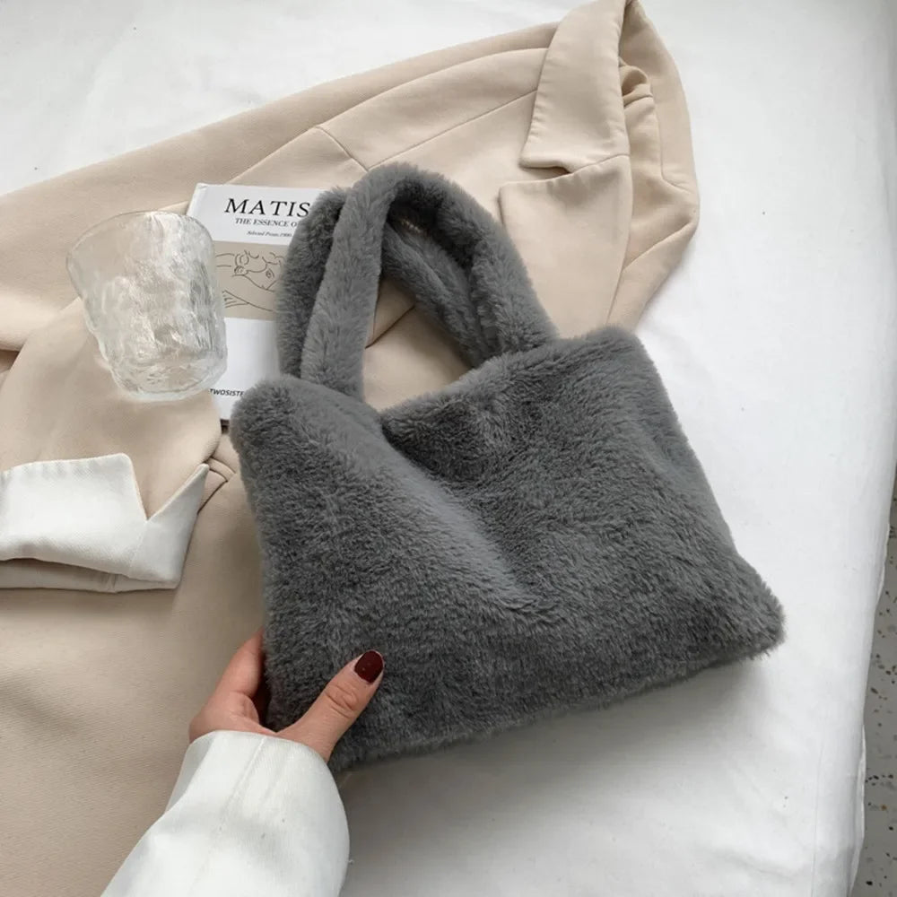 Soft Faux Fur Shoulder Bag Versatile Cute Tote Bag with Purses Female Handbags Women Fluffy Stylish Crossbody Small Square Bag Peaceful Pleasures Health and Wellness Grey
