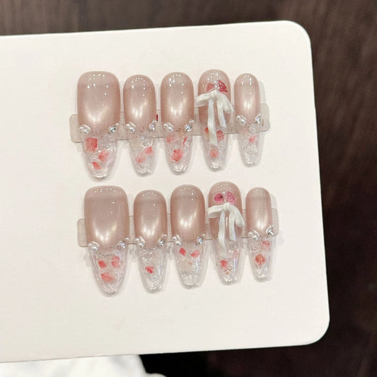 Handmade Press On Nails Flowers French Tip Almond False Nails With 3D Bow Rhinestones Decor Reusable Cat's Eye Fake Nails 10pcs Peaceful Pleasures Health and Wellness