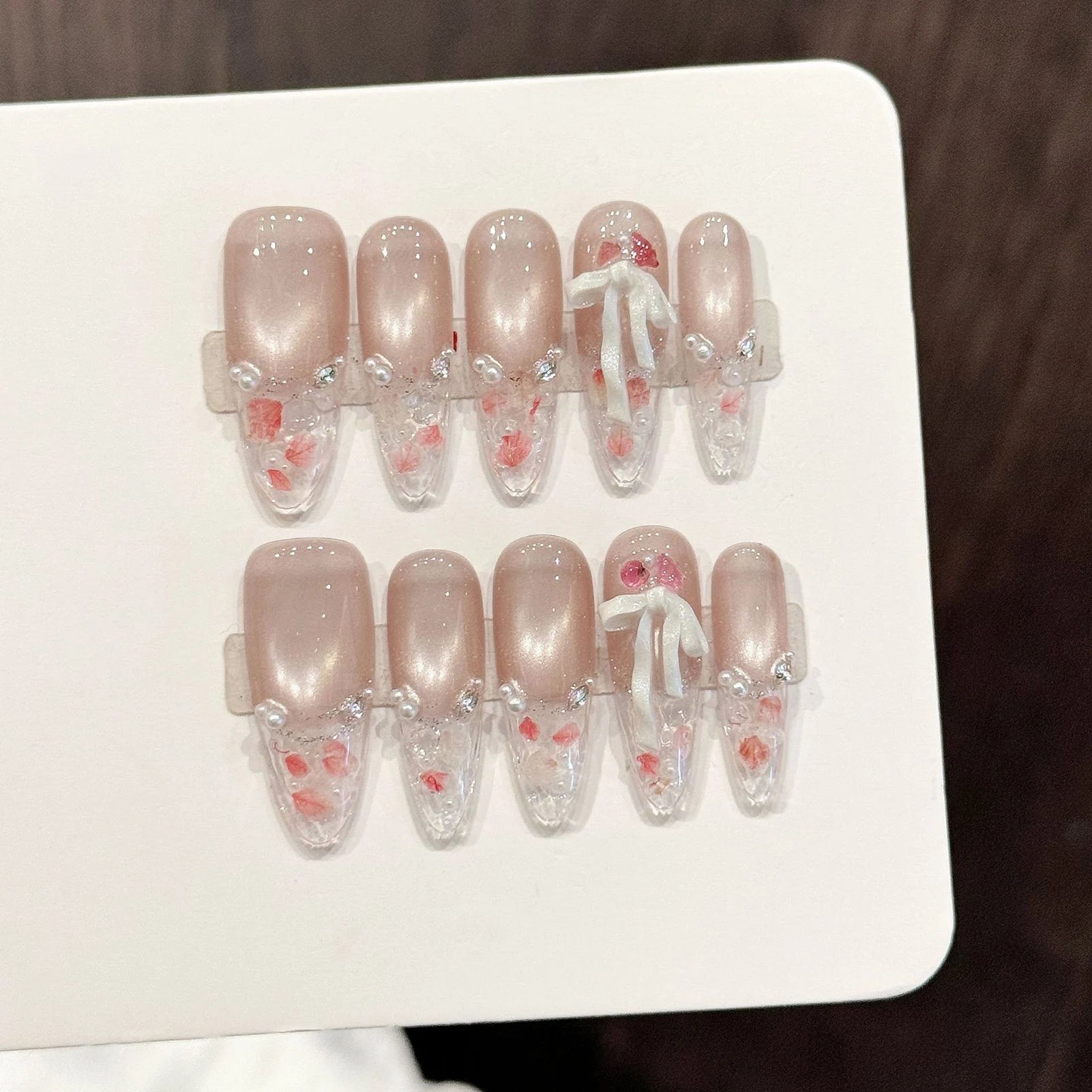 10pcs Long Oval Shape Handmade Press On Nails Nude Pink Fake Nails With Flash 3D Bow Designs Wearable French Almond False Nails Peaceful Pleasures Health and Wellness