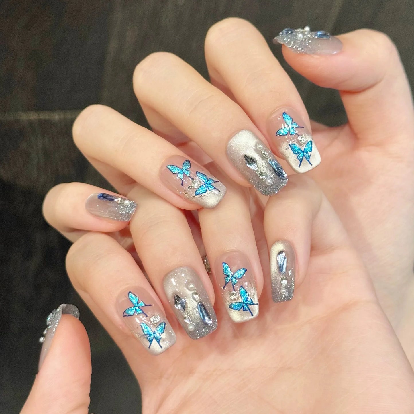 10pcs Handmade Glitter Gradient Press on Nails Sea Blue Butterfly Cat's Eye Fake Nails Wearable Diamond Decor False Nails Tip Peaceful Pleasures Health and Wellness L