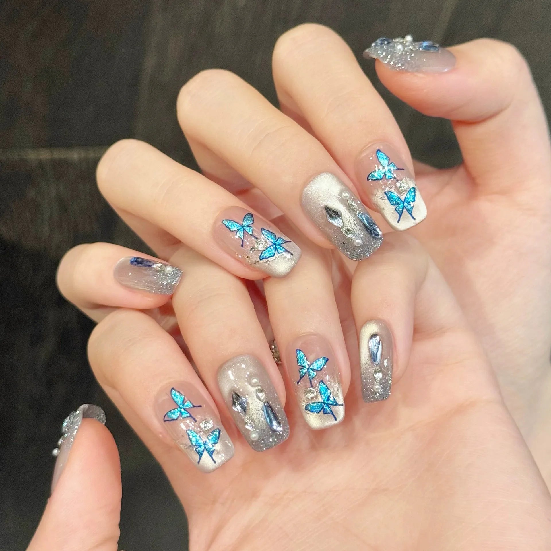 10pcs Handmade Glitter Gradient Press on Nails Sea Blue Butterfly Cat's Eye Fake Nails Wearable Diamond Decor False Nails Tip Peaceful Pleasures Health and Wellness L