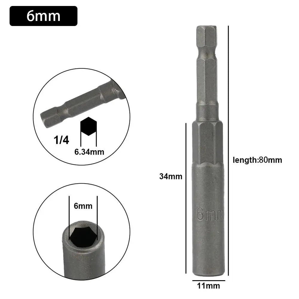 Magnetic Hex Nut Driver Bit Adapter 1/4" Shank 5.5–19mm 80mm