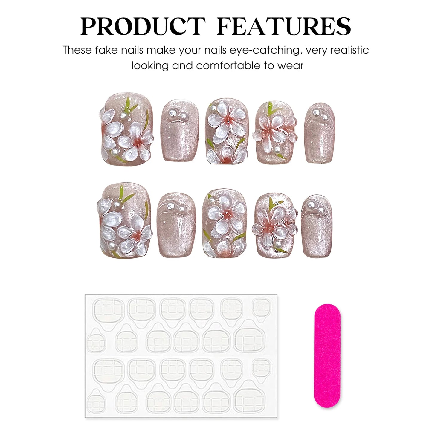 Pink Peach Blossom Press On Nails | Cat Eye Pearl Short Fake Nails