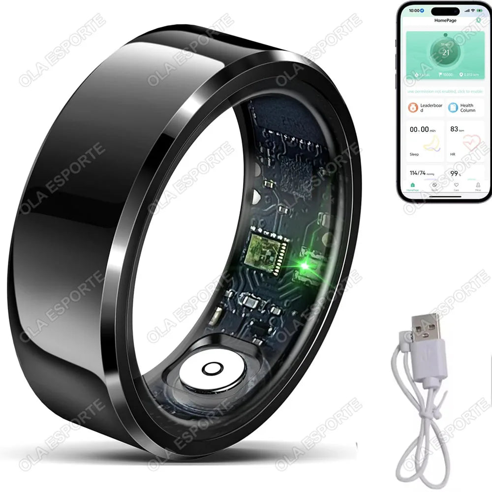 2026 New Smart Ring Heart Rate Blood Pressure Sleep Monitoring Motion Tracking IP68 Waterproof Men Women Smart Ring Holiday Gift Peaceful Pleasures Health and Wellness Black Cable 6