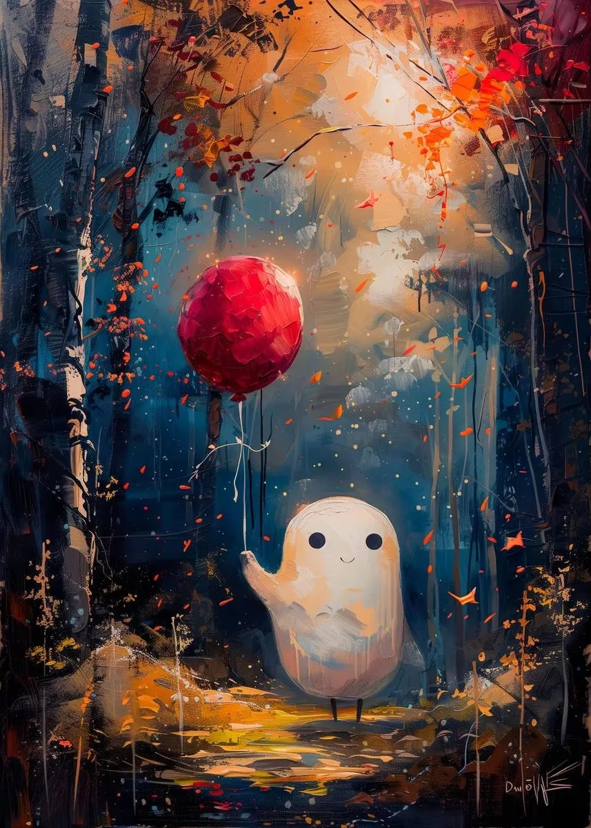 Halloween Ghost & Pumpkin Canvas Wall Art | Dark Academia Poster