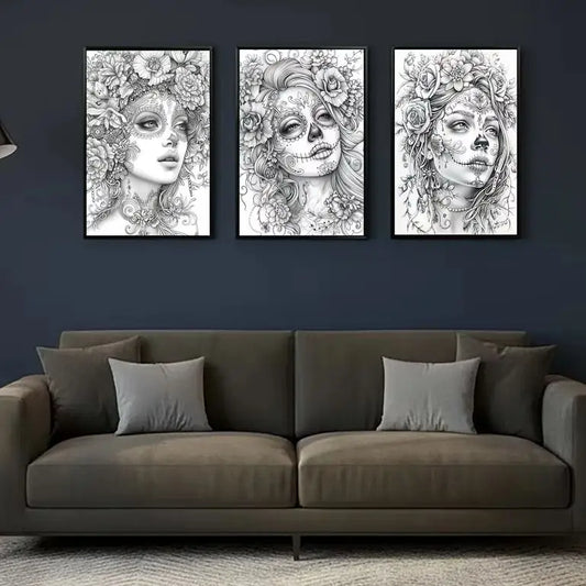 Black & White Skull Girl Makeup Canvas Wall Art | Modern Print Canvas Wall Art Peaceful Pleasures Health and Wellness