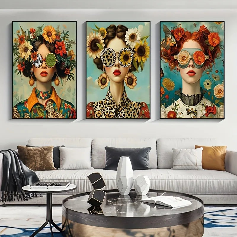 3pcs Art Deco Modern Glam Canvas Wall Art Set,Fashionable Woman with Glasses & Floral Prints,Butterfly Portrait Posters,Unframed Peaceful Pleasures Health and Wellness