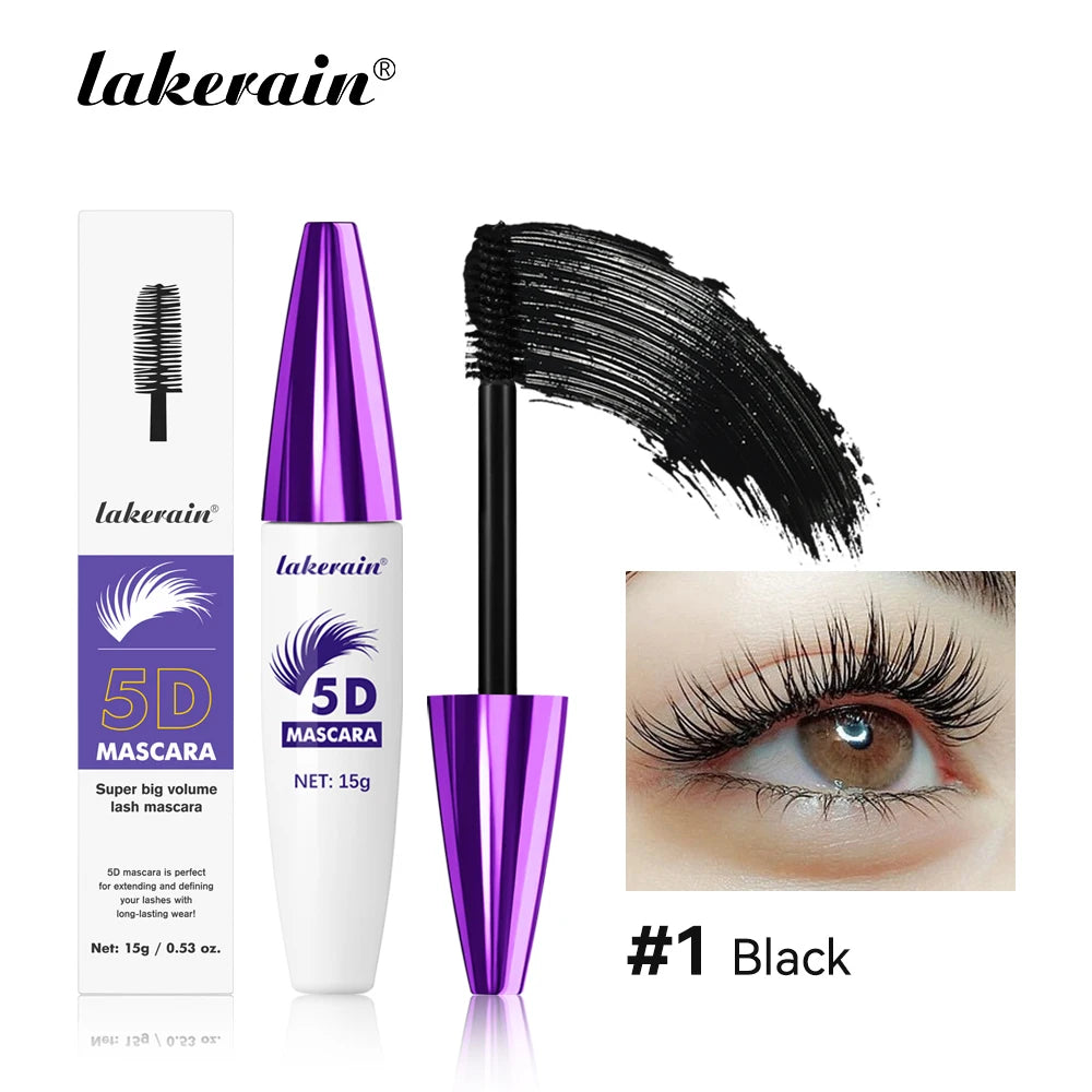Lakerain 5D Mascara Eyelashes Lengthening Long-Lasting Intense Black Waterproof Nourishing Smudge-Proof Mascara Eye Makeup Peaceful Pleasures Health and Wellness Black