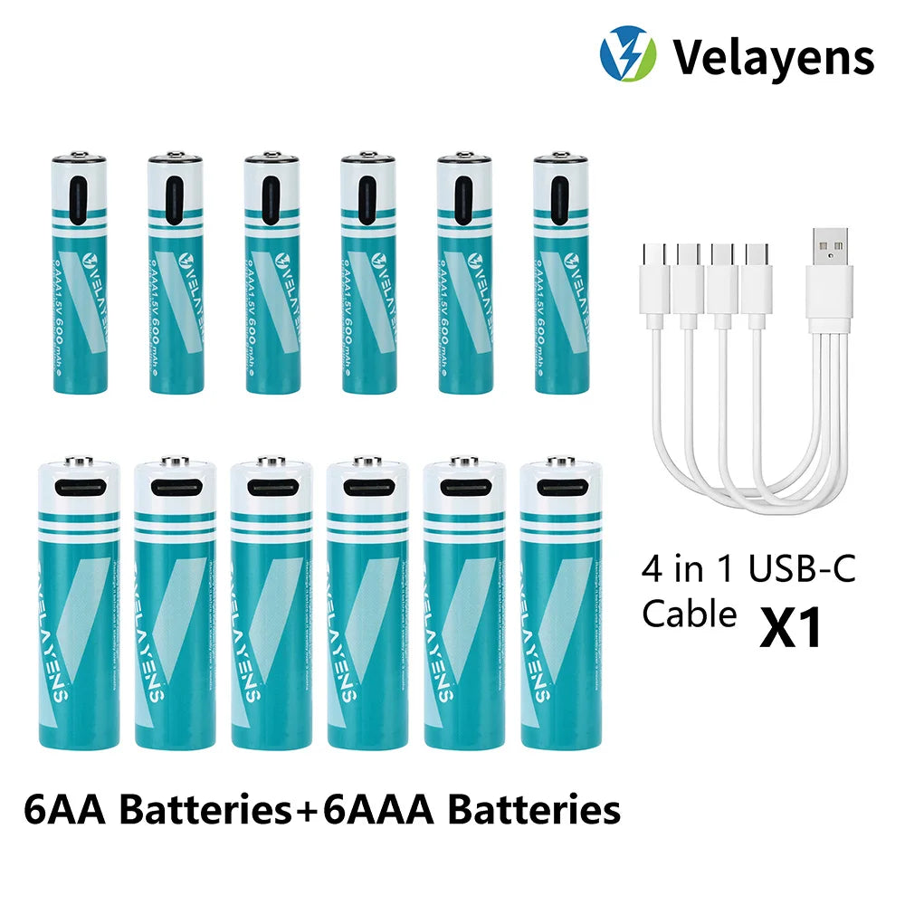1.5V USB Rechargable Lithium Battery AA 2200mAh + AAA 600mAh Actual Capacity Fast Charging 2000+ Charge Cycles Peaceful Pleasures Health and Wellness 6AA 6AAA