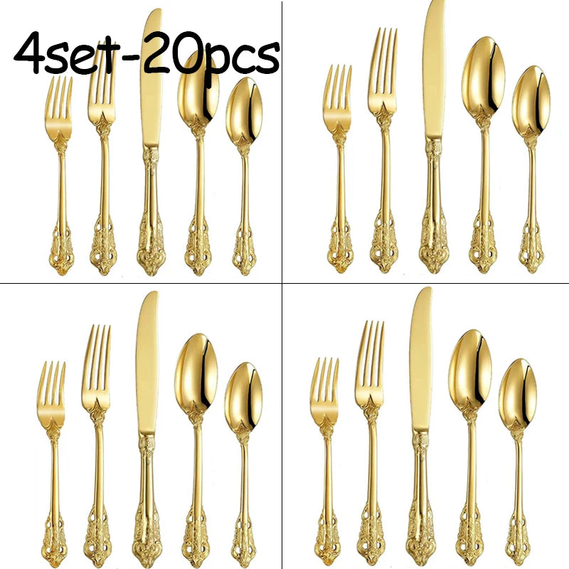 Stainless Steel Dinnerware Sets High-grade Knife Fork And Spoons Cutlery Kits Gold Plated Floral Pattern Tableware Dropship Peaceful Pleasures Health and Wellness 4set golden