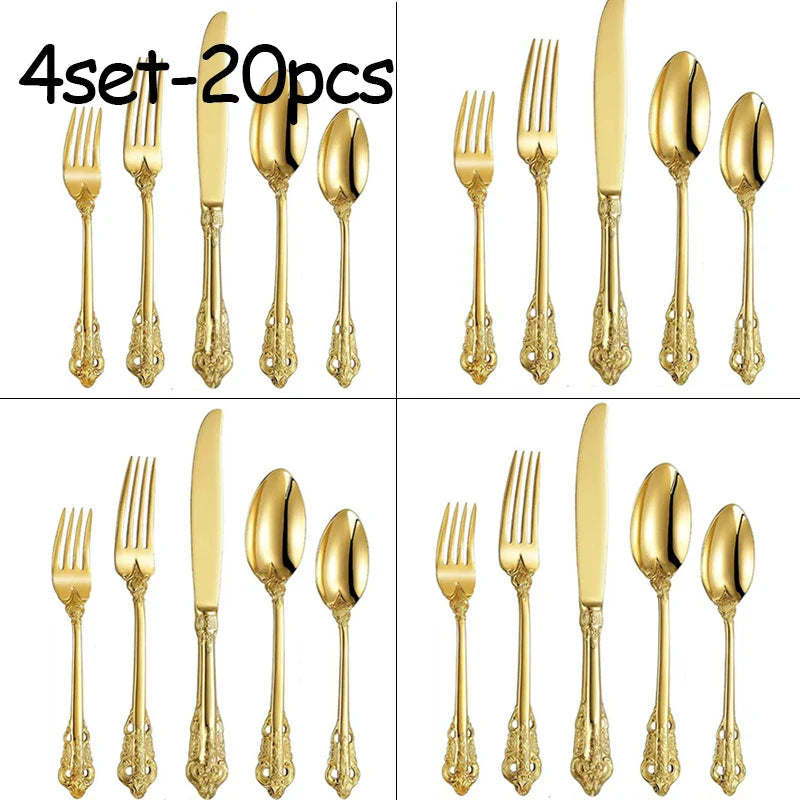 Gold Floral Stainless Steel Cutlery Set – Knife Fork Spoon