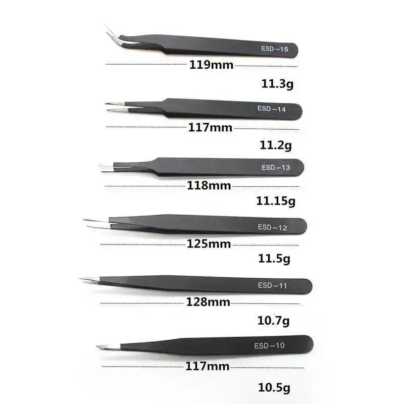 Anti-static ESD Tweezer Black Stainless Steel Straightflat Round Bent
