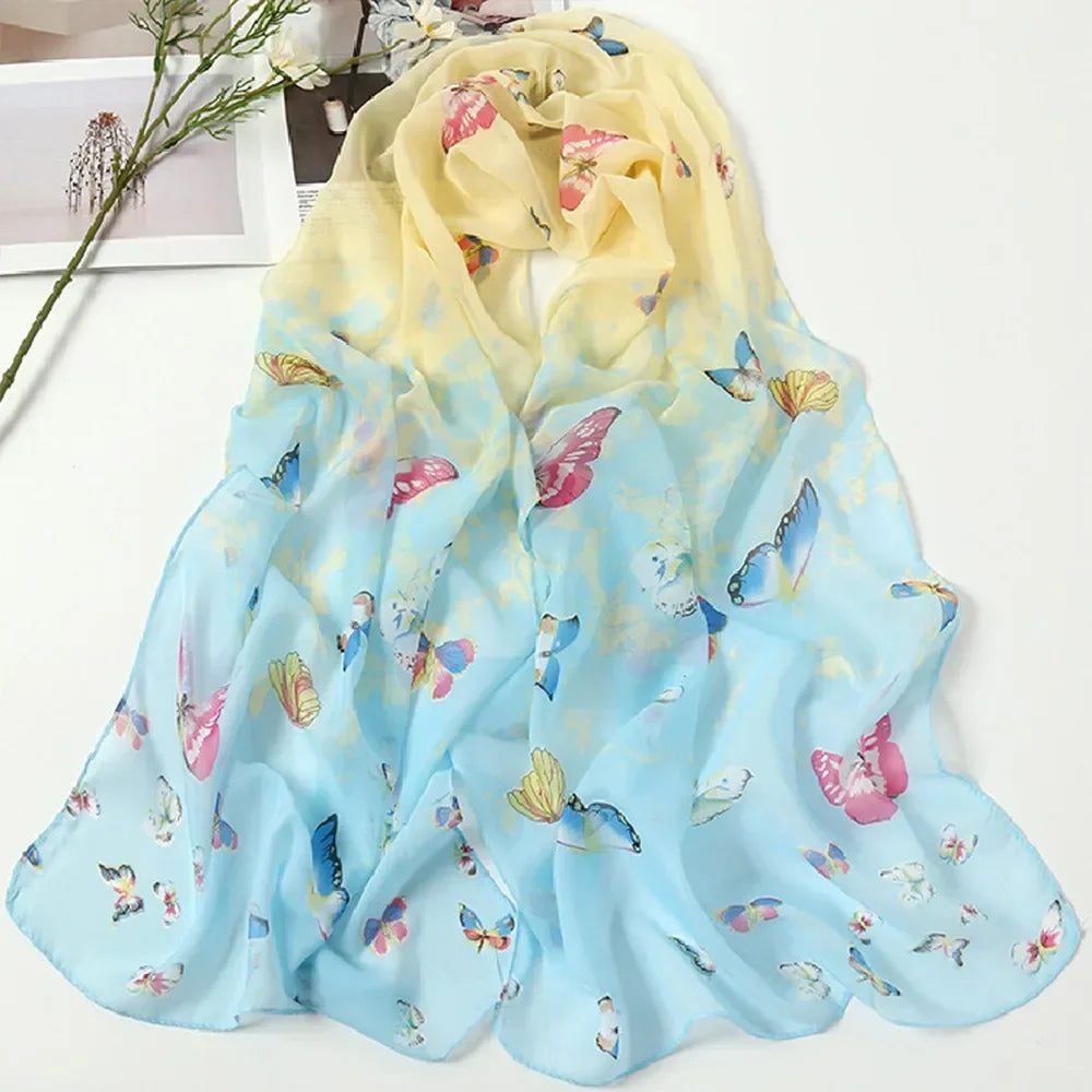 Women's Chiffon Floral Scarf – Gradient Long Wrap Shawl 160×50cm