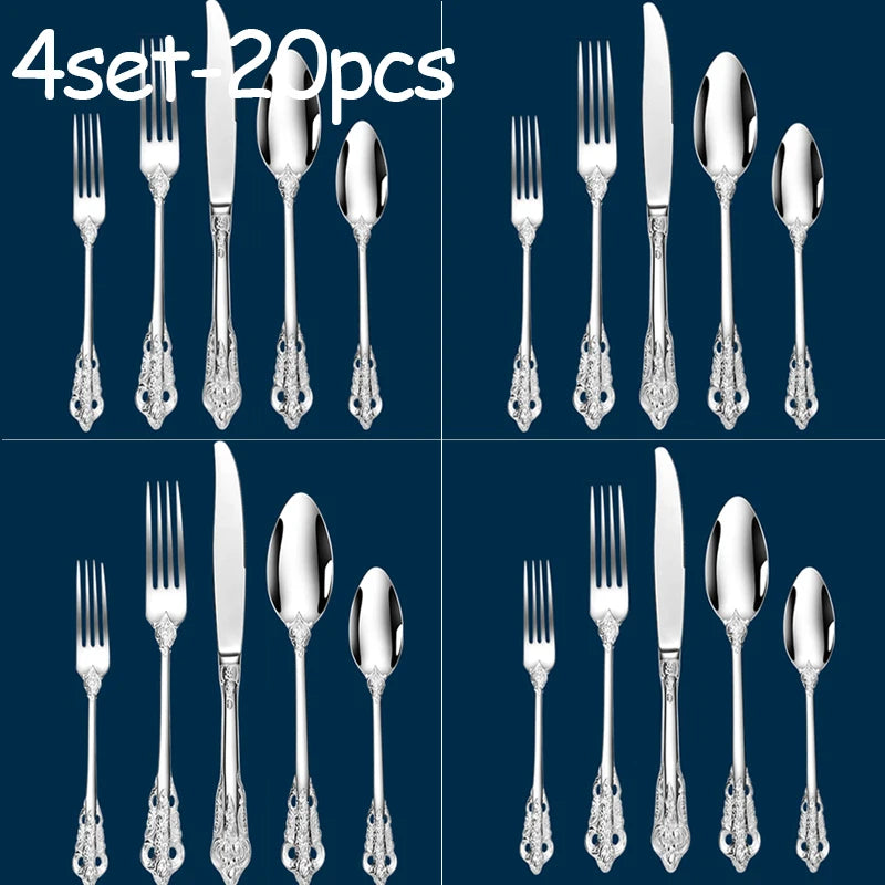 Stainless Steel Dinnerware Sets High-grade Knife Fork And Spoons Cutlery Kits Gold Plated Floral Pattern Tableware Dropship Peaceful Pleasures Health and Wellness 4set silver