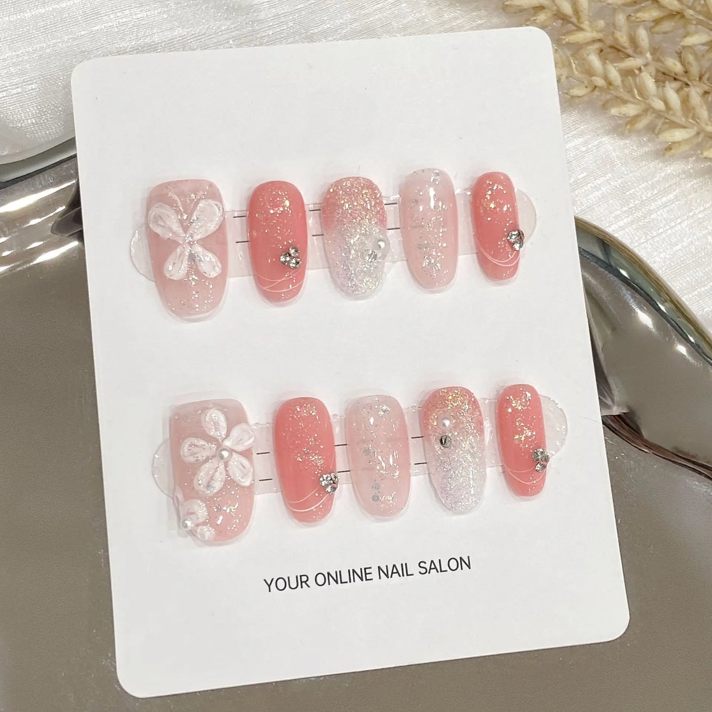 Handmade Pink Rose Press-On Nails | Short Round False Nails