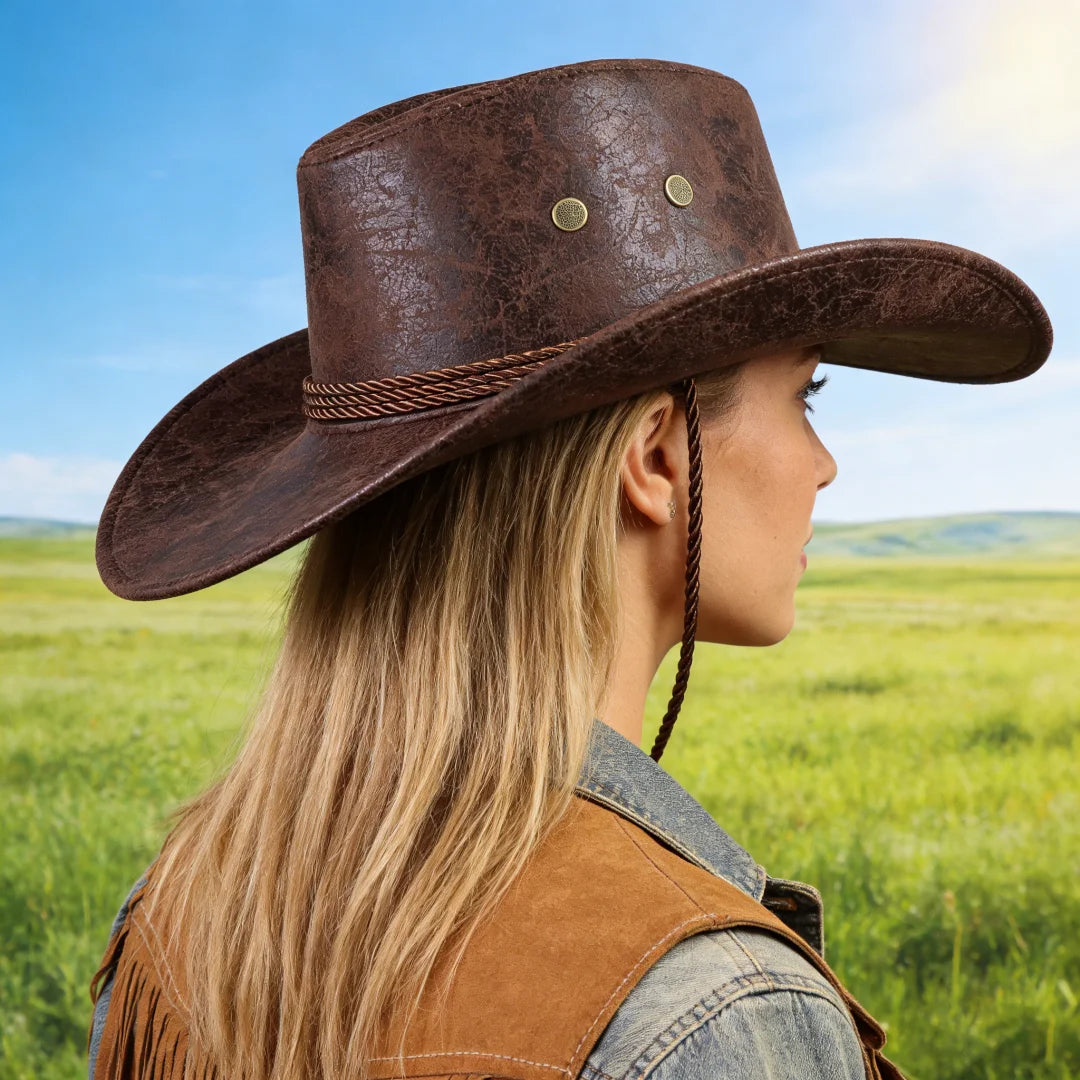 Vintage Faux Leather Western Cowboy Hat Wide Brim Retro Cowgirl Chin