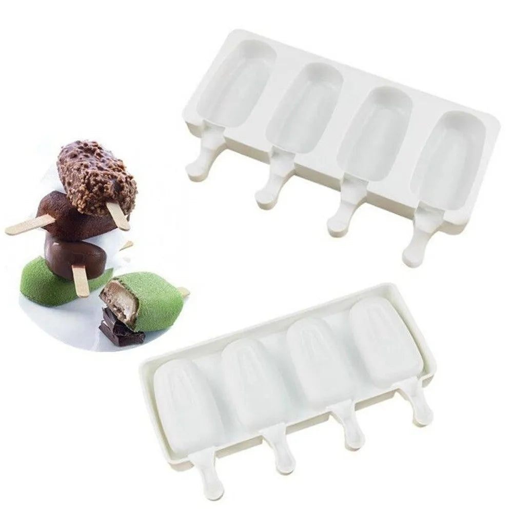4-Cell Silicone Popsicle Mold | DIY Oval Ice Cream Tray + Sticks