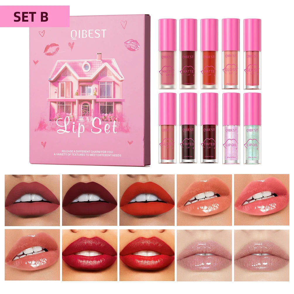 QIBEST 10 PCS Moisturizing Lip Gloss Sets Transparent Lip Oil Hydrating Lip Glaze Lip Plumper Matte Liquid Lipstick Makeup Kits Peaceful Pleasures Health and Wellness Set B