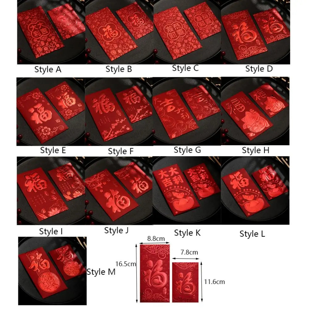 6pcs 3D Chinese New Year Red Envelope Hot Stamping Solid Red Packet Blessings Printing Thickened Lucky Money Bag Wedding Peaceful Pleasures Health and Wellness