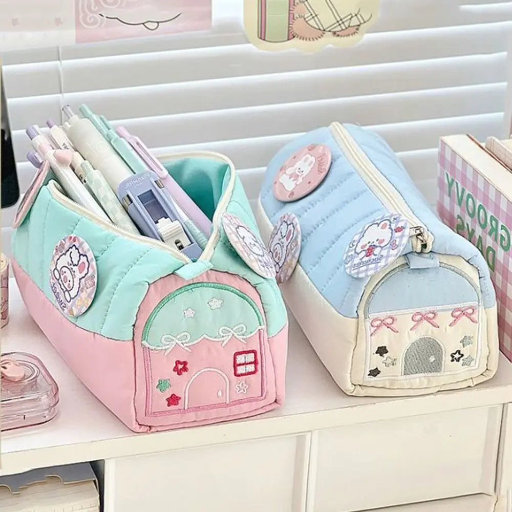 Cute House Shaped Pencil Cases Large Capacity Multi Layer Pen Stationery Storage Bags Creative Embroidery Student Cosmetic Pouch Peaceful Pleasures Health and Wellness