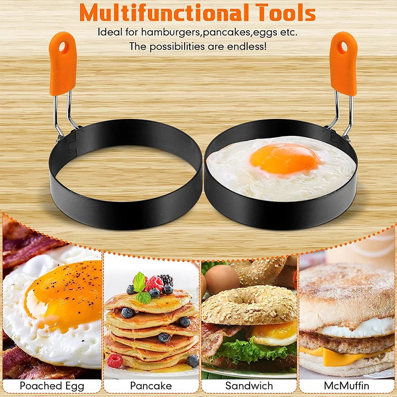 Stainless Steel Egg Rings & Pancake Mold Set with Silicone Handles Peaceful Pleasures Health and Wellness