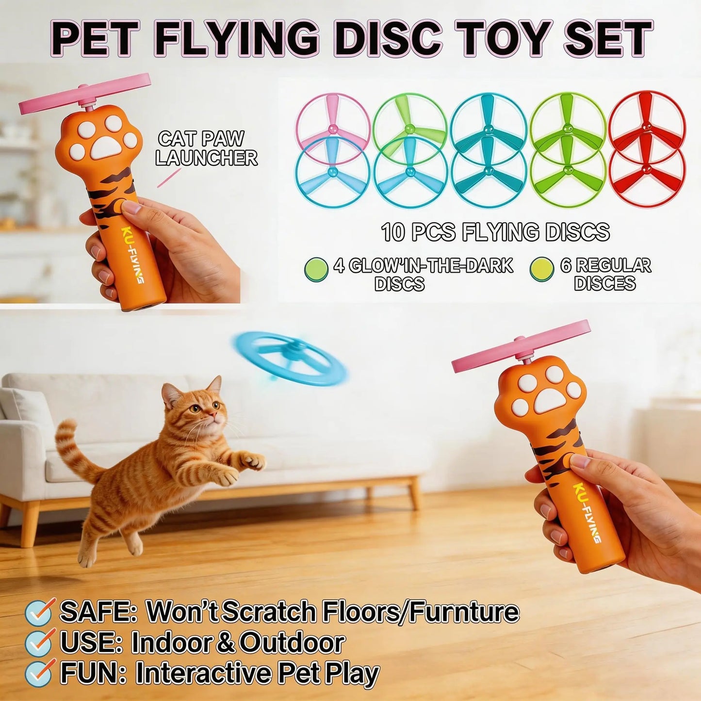 Rechargeable Cat Fetch Toy Launcher with 10 Flying Discs, Interactive Outdoor Indoor Pet Play for Kittens Dogs, Peaceful Pleasures Health and Wellness
