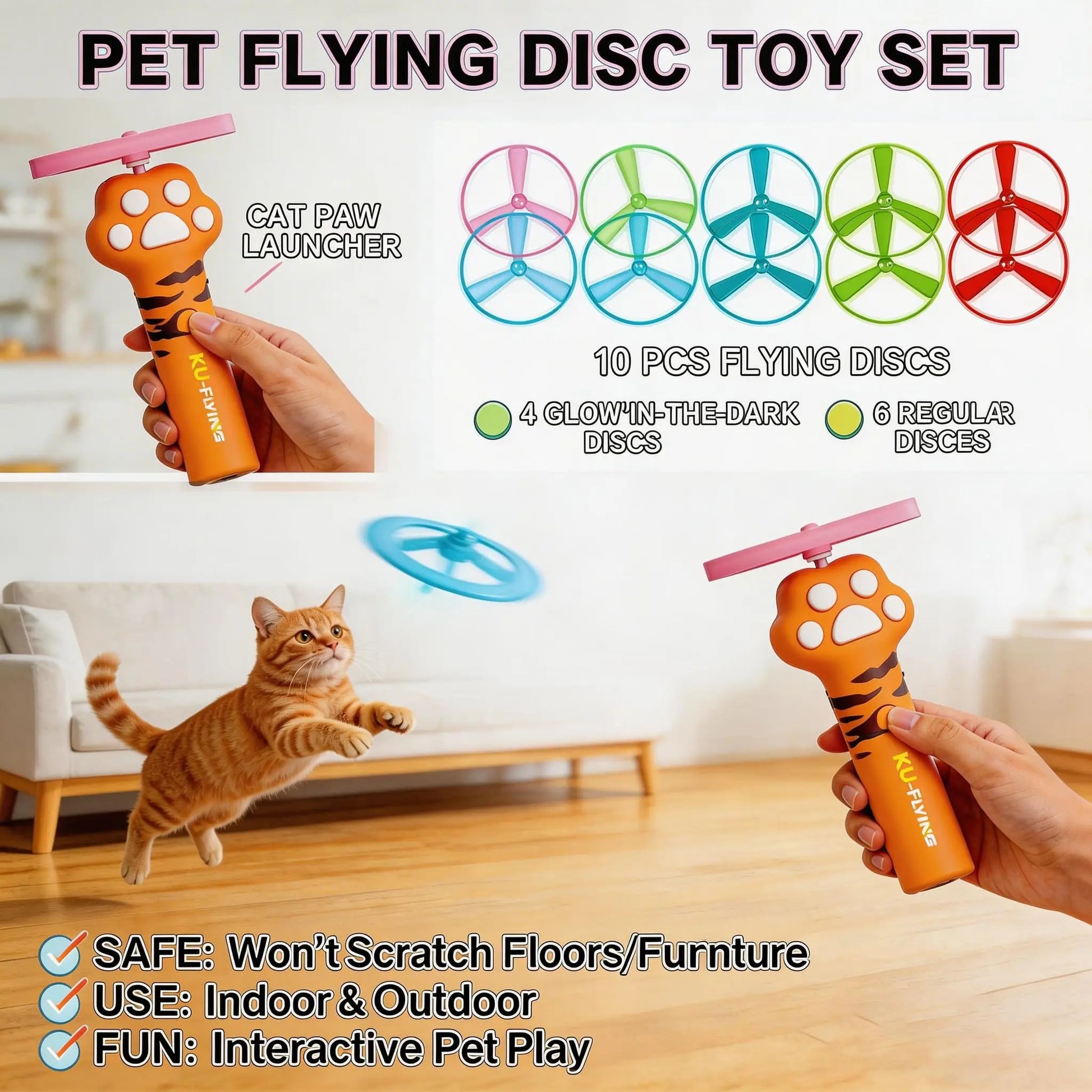 Rechargeable Cat Fetch Toy Launcher with 10 Flying Discs, Interactive Outdoor Indoor Pet Play for Kittens Dogs, Peaceful Pleasures Health and Wellness