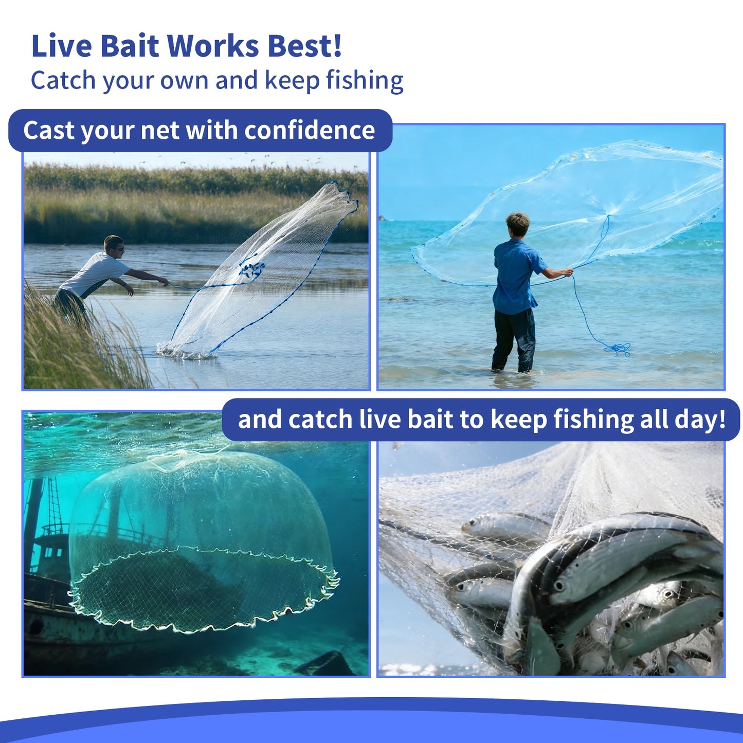 Saltwater Catch Fish Net Portable for Bait Trap Fish 3/4/5/6/8ft Radius Casting Net with Upgrade Sinker for Freshwater Seawater Peaceful Pleasures Health and Wellness