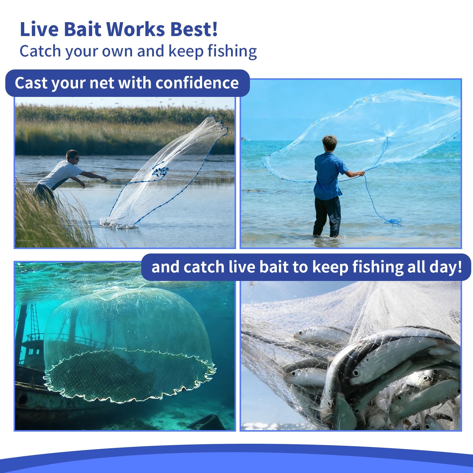 Saltwater Catch Fish Net Portable for Bait Trap Fish 3/4/5/6/8ft Radius Casting Net with Upgrade Sinker for Freshwater Seawater Peaceful Pleasures Health and Wellness