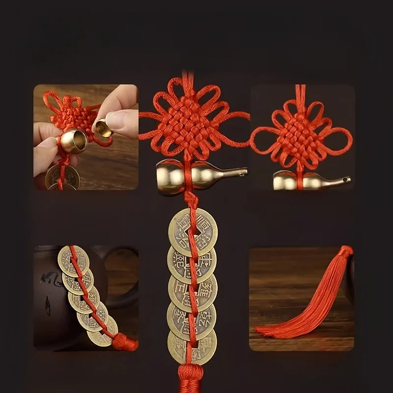1Pcs Chinese Feng Shui Coins with Handmade Red Enless Knot Home Decor Hanging Decoration Lucky Ornaments for Car Wealth Success Peaceful Pleasures Health and Wellness