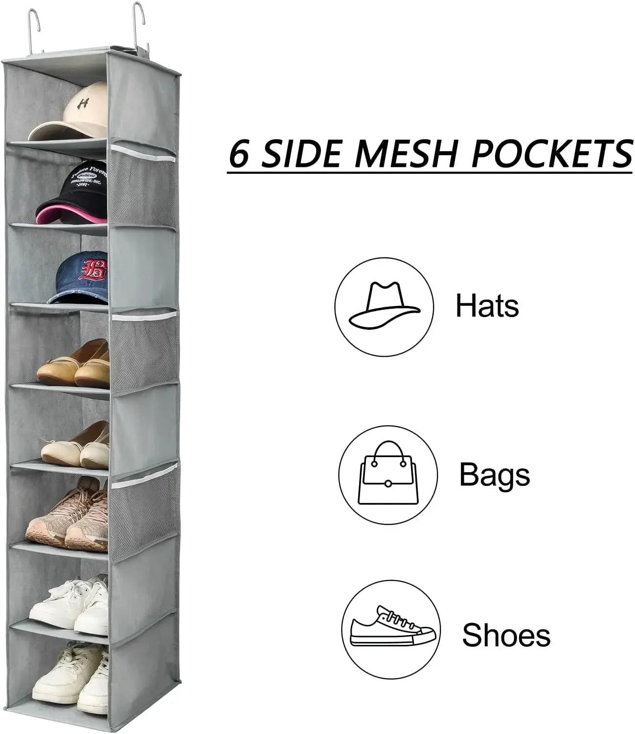 8-Shelf Gray Hanging Shoe and Hat Organizer with Mesh Pockets for Closet Storage Peaceful Pleasures Health and Wellness