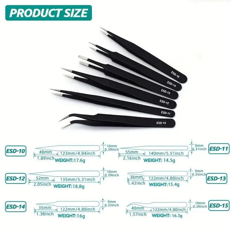 6pcs Precision Long Tweezers Set ESD Anti-Static Stainless SteelTweezers Repair Tools For Electronics Repair Soldering Craft Peaceful Pleasures Health and Wellness