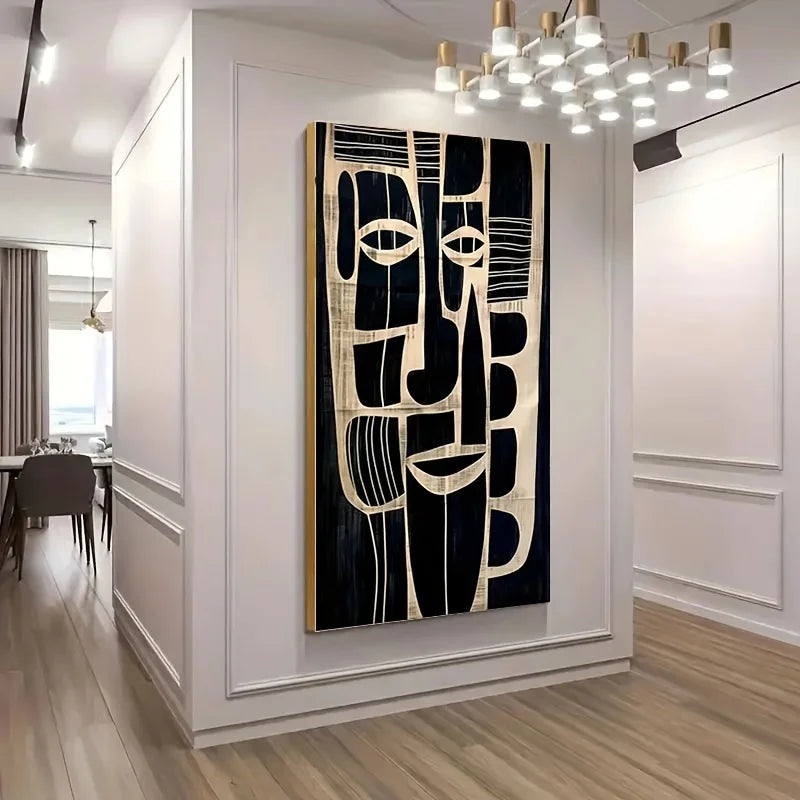 Large Unframed Canvas Art Modern African Tribal Mask Design, Black & White Accents, Wall Decor for Living Room or Bedroom Peaceful Pleasures Health and Wellness