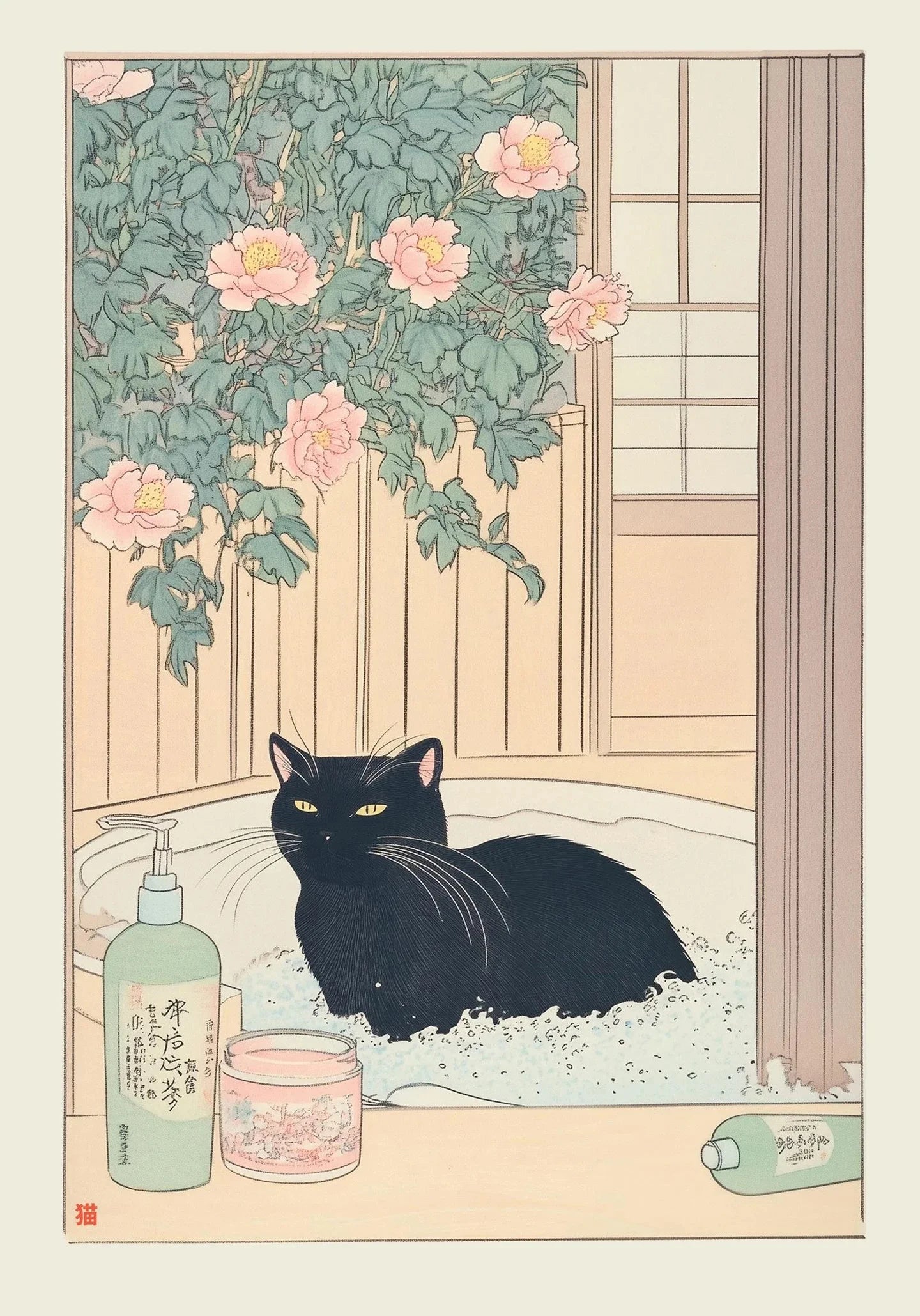 Japanese Tabby Cat in Bathtub Poster Prints Canvas Painting Retro Aesthetic Wall Art Picture Japandi Bathroom Toilet Home Decor Peaceful Pleasures Health and Wellness ZLH5533 100x150cm No Frame