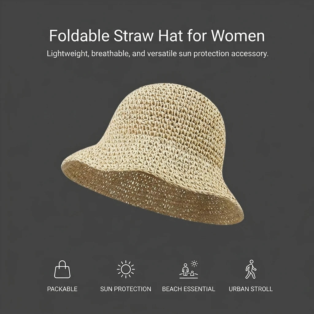 Women Foldable Straw Fisherman Hat Wide Brim for Sun-Protection Beach Travel Peaceful Pleasures Health and Wellness
