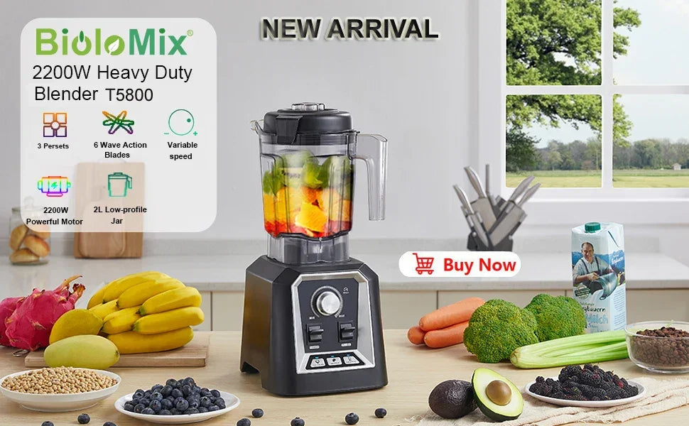 BioloMix BPA Free 2L Jar 2200W Professional Smart Timer Pre-programed Blender Mixer Juicer Food Processor Ice Smoothies Crusher Peaceful Pleasures Health and Wellness
