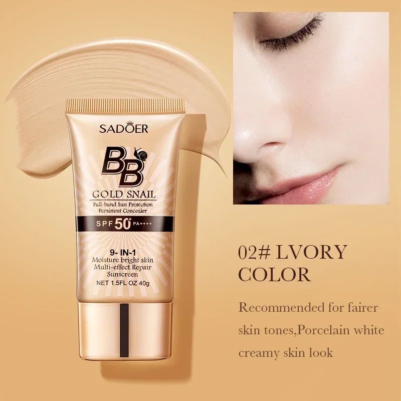 SADOER Gold Snail Oil-Control Matte BB Cream Foundation Concealer Moisturizing Isolation Cream SPF50+PA+++ 40g Peaceful Pleasures Health and Wellness 02 Ivory color