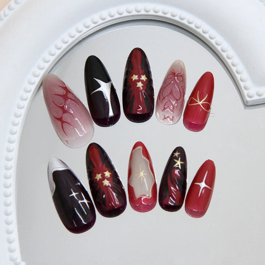 3D Star French Press On Nails – Deep Red Y2K Almond 24pc Set Press On Nails Peaceful Pleasures Health and Wellness style1