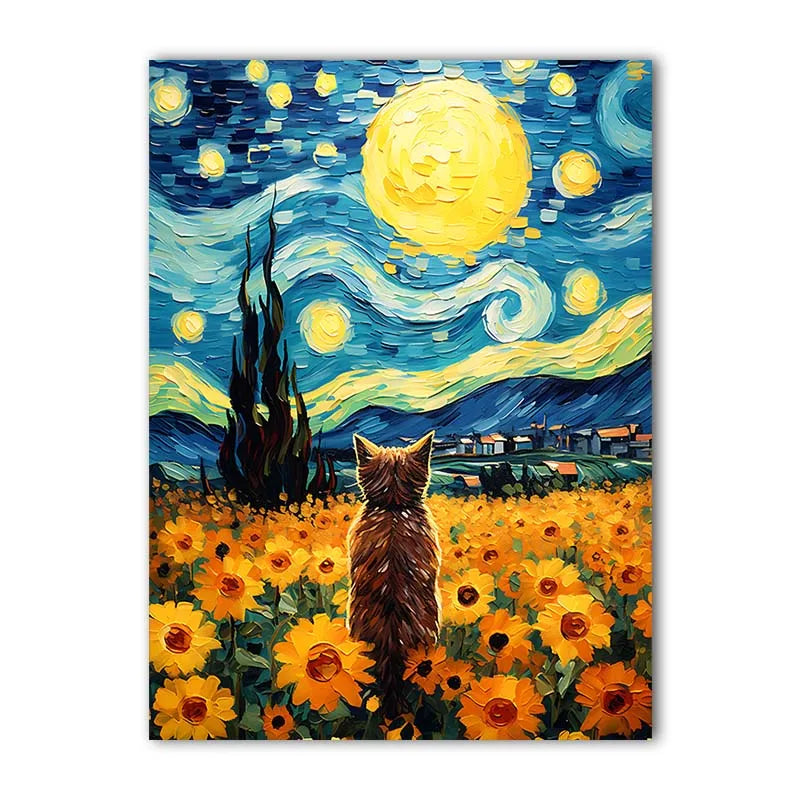 Nordic Wall Art Cat Sunflowers Wall Art Van Gogh Style Canvas Painting Modern Style Poster Prints Bedroom Living Room Wall Decor Peaceful Pleasures Health and Wellness 01 20x25cm No Frame China Mainland