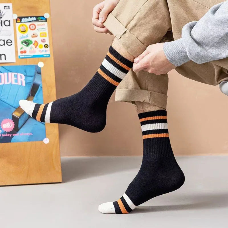 5 Pairs Men's Colorful Striped Casual Socks, Fashionable Sports Socks, Sweat Absorbing And Breathable, Suitable For All Seasons Peaceful Pleasures Health and Wellness