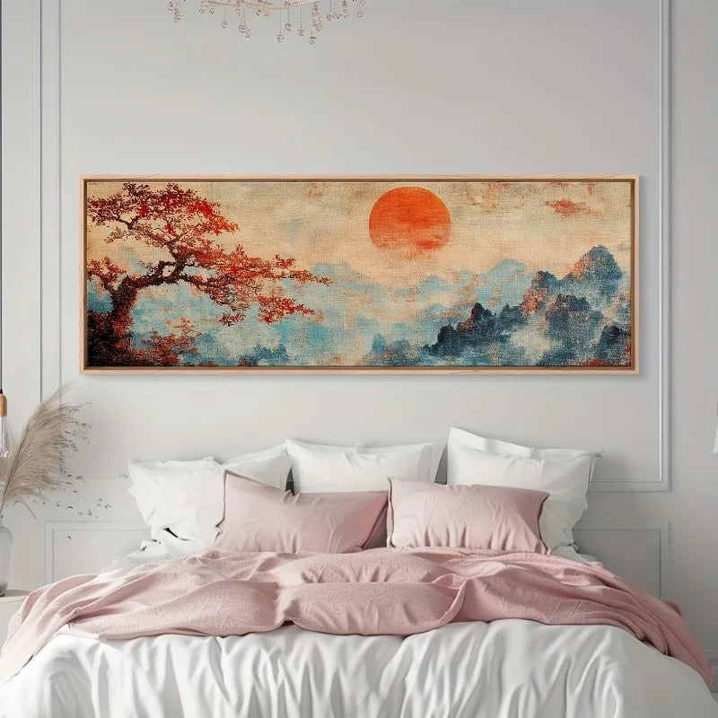 Vintage Japanese Landscape Canvas Art | Sunset Maple Mountain Canvas Wall Art Peaceful Pleasures Health and Wellness